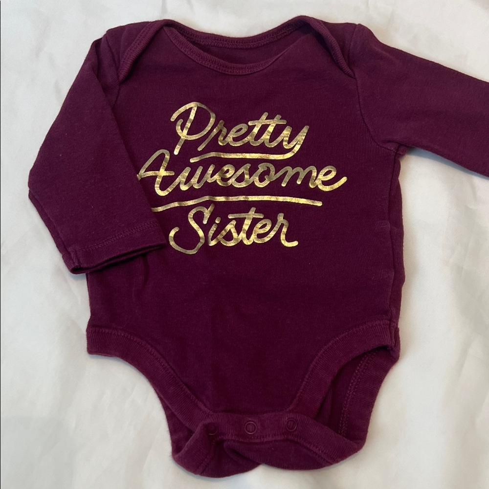 “Bundle 10/$13” Old navy 0-3M burgundy  and Gold baby girl sister bodysuit